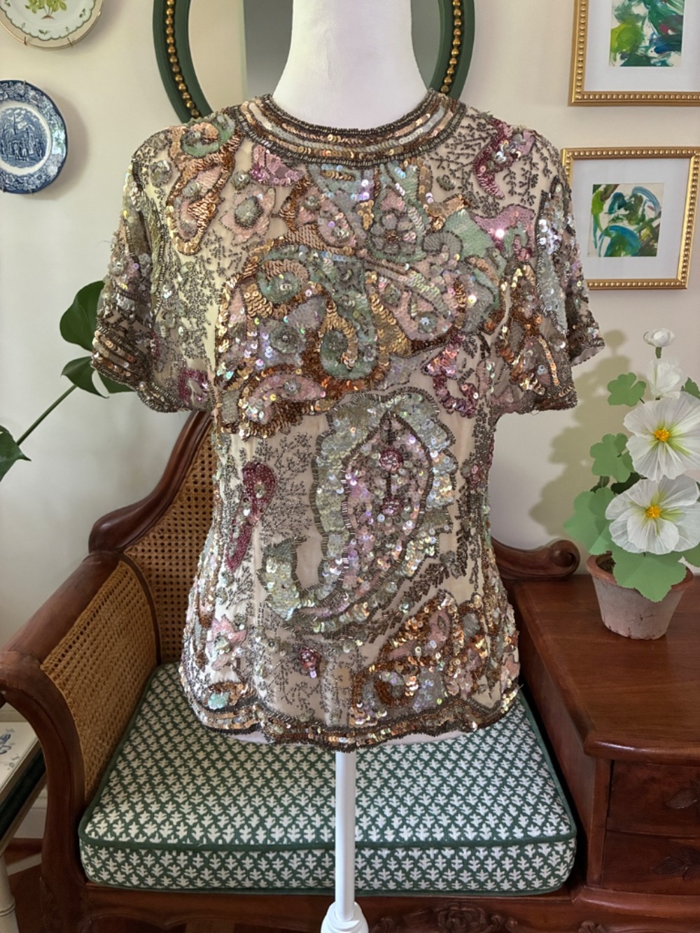Rare Black Tie Oleg Cassini Vintage Beaded Sequin Silk Evening Top Small - Picture 2 of 10